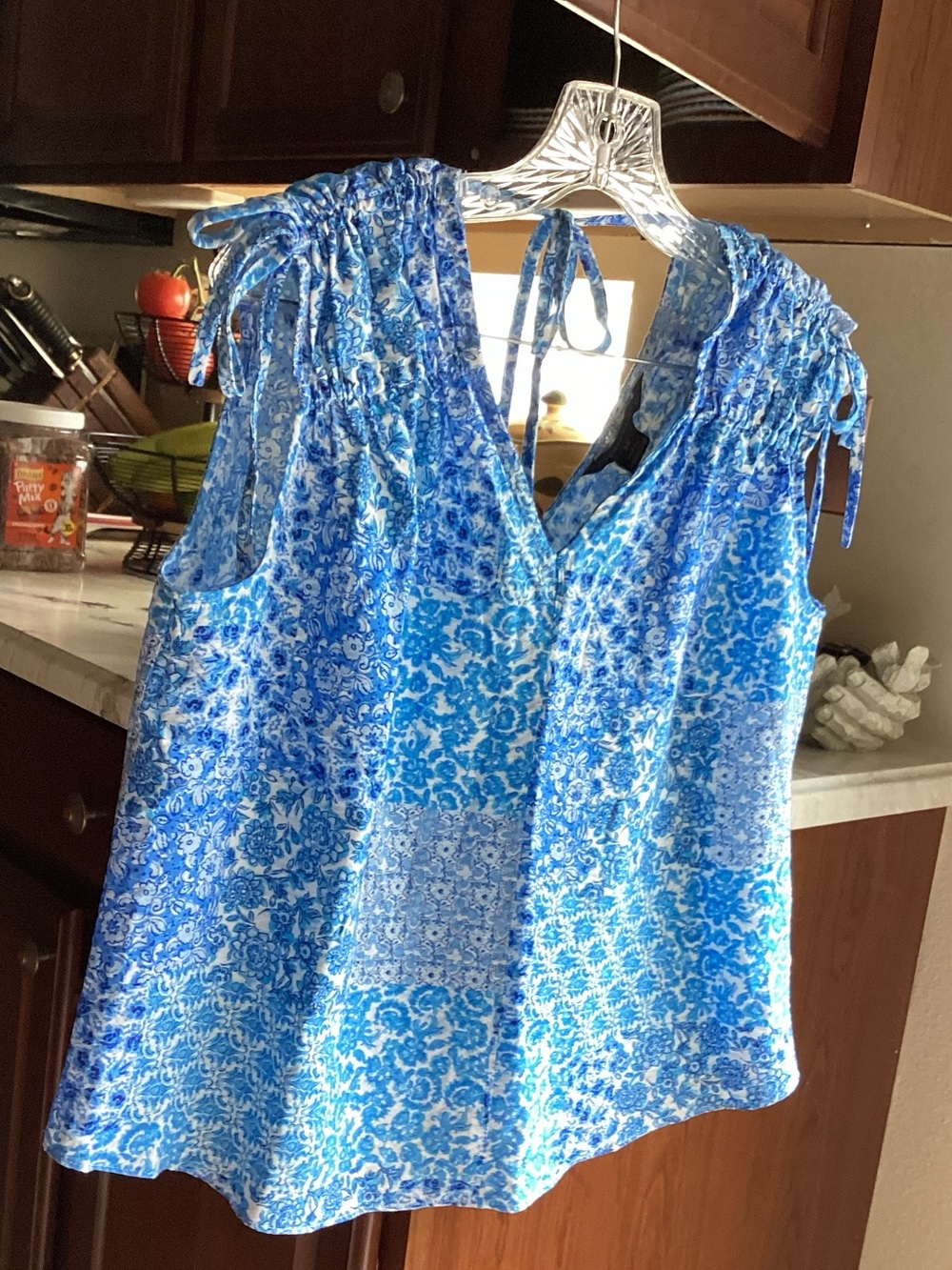 Blue Floral Tie-Shoulder V-Neck Women's Top